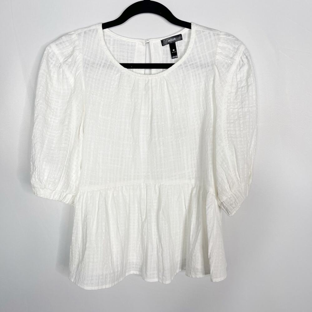 Aqua Medium M White Plaid Ruffle Short Puff Sleeve Blouse Top Drop Waist Cotton